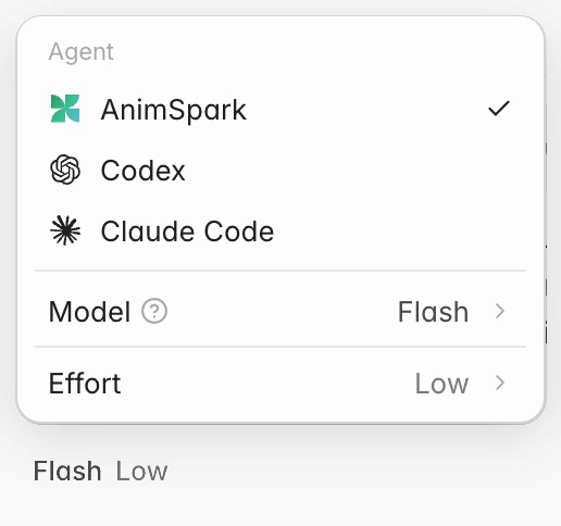 The agent menu: AnimSpark, Codex and Claude Code, then Model and Effort
