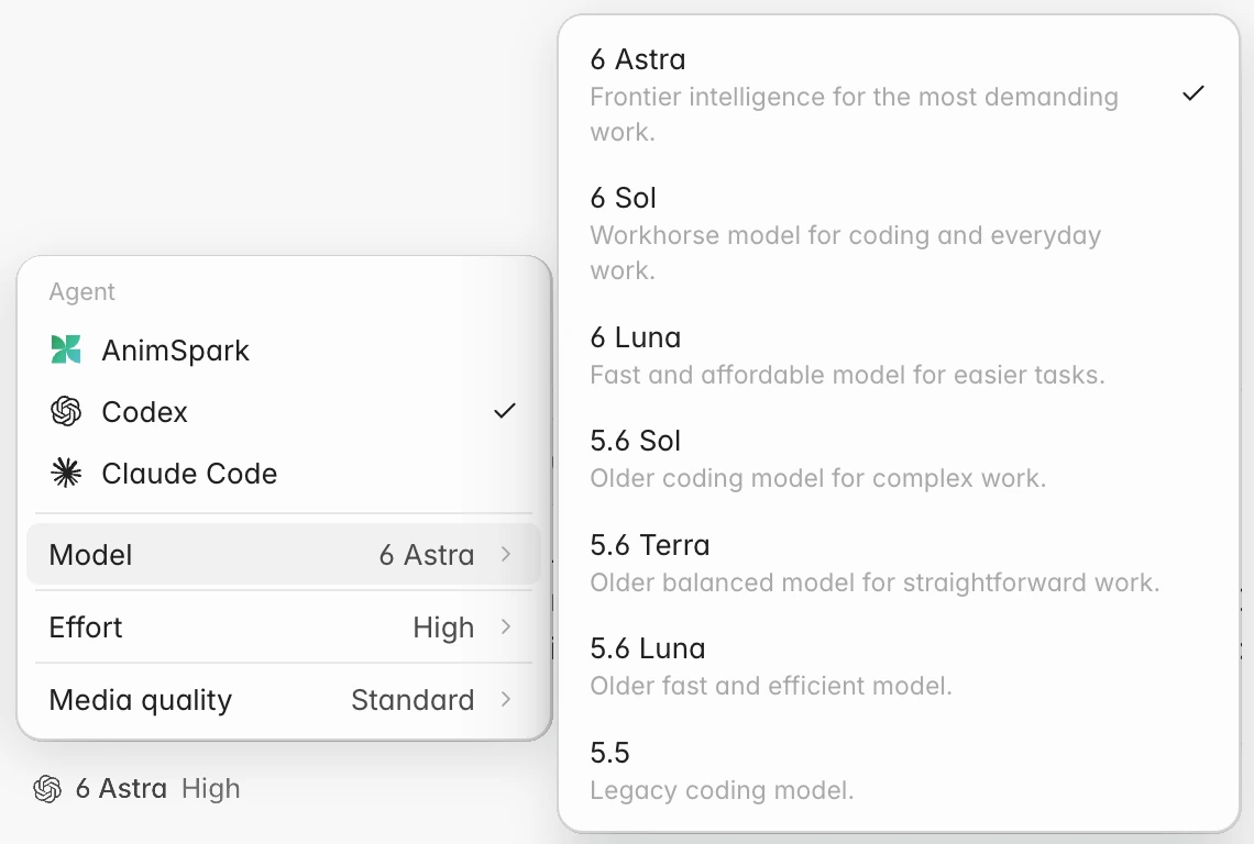 Codex's models in the agent menu