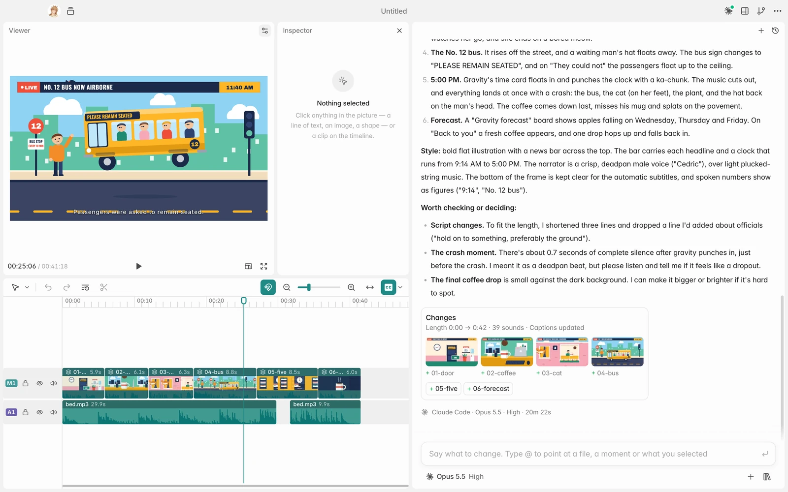 The editor with the viewer, inspector, timeline and chat