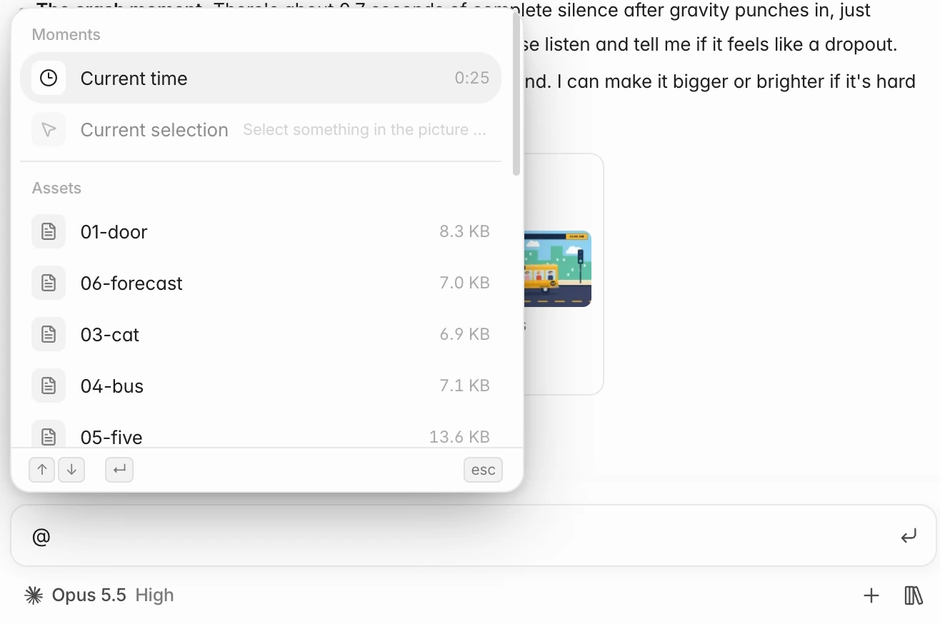 The @ menu: Current time and Current selection under Moments, then the project's files under Assets