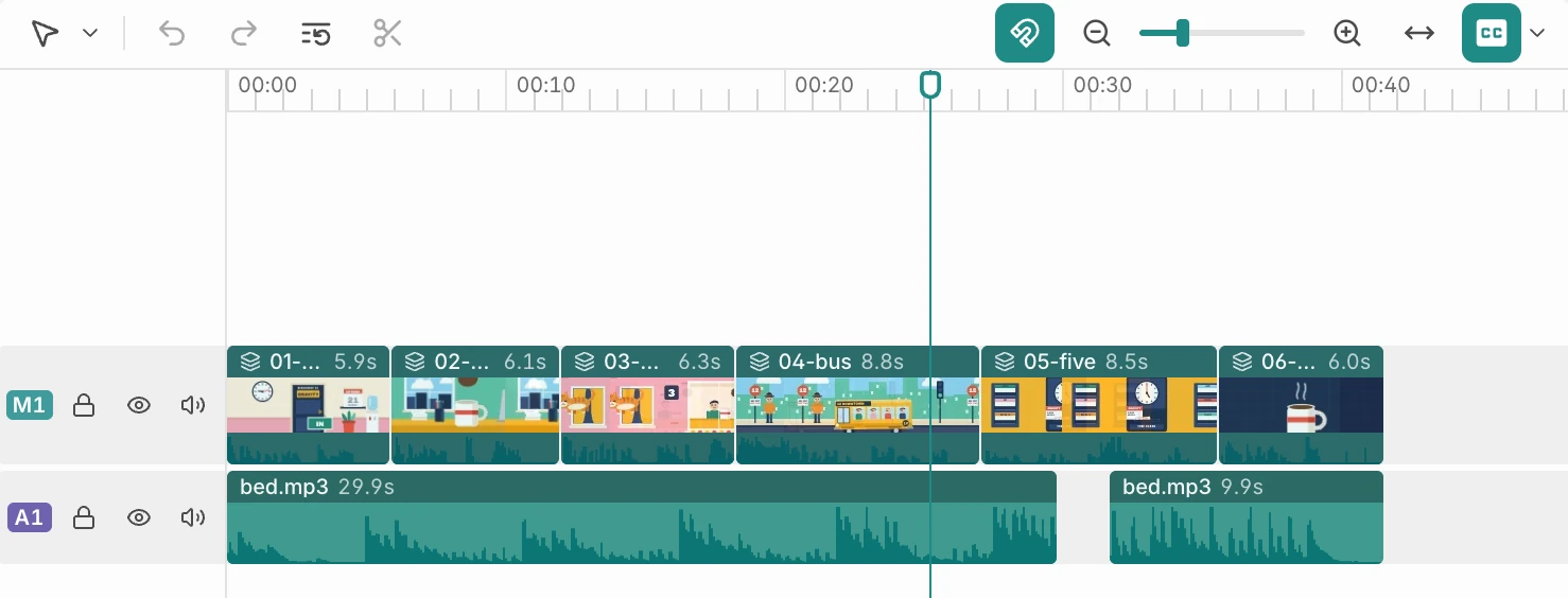 The timeline: six scenes on M1 and the music on A1
